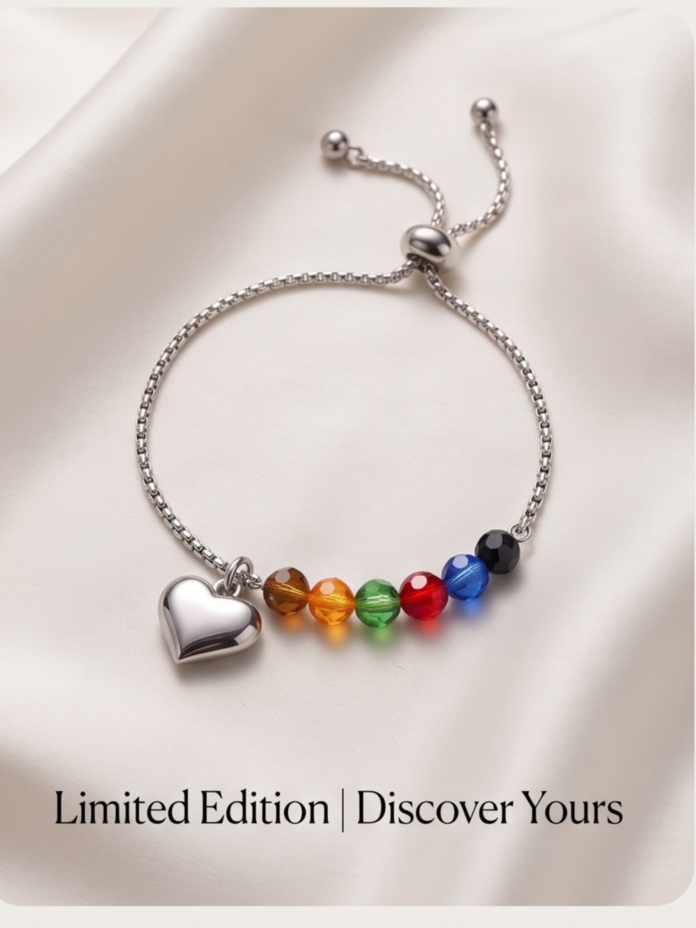Sterling Silver Rainbow Bead Heart Bracelet - Multicolor